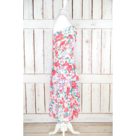 70s vintage red and ivory tropical floral gauzy sheer strapless ruffle dress - Picture 2 of 5